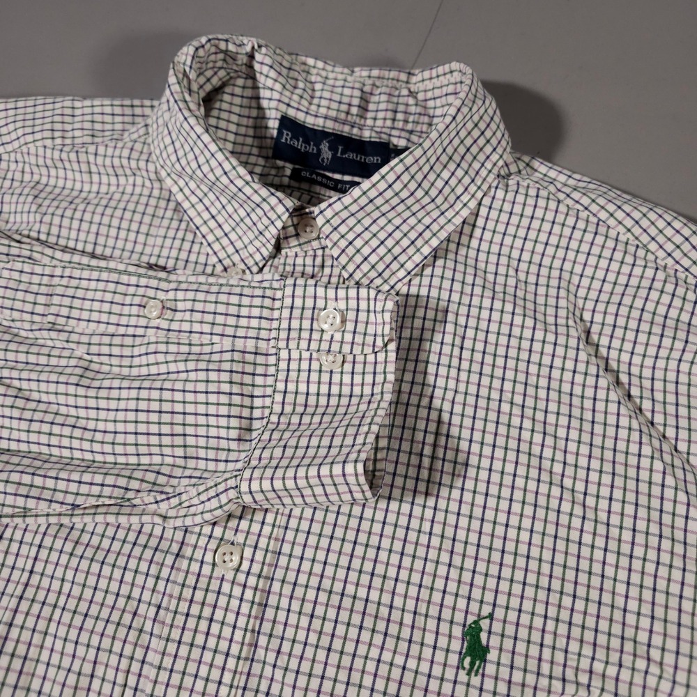 Ralph Lauren Button Down Mens XXL White Green Purple Tattersall Classic Fit